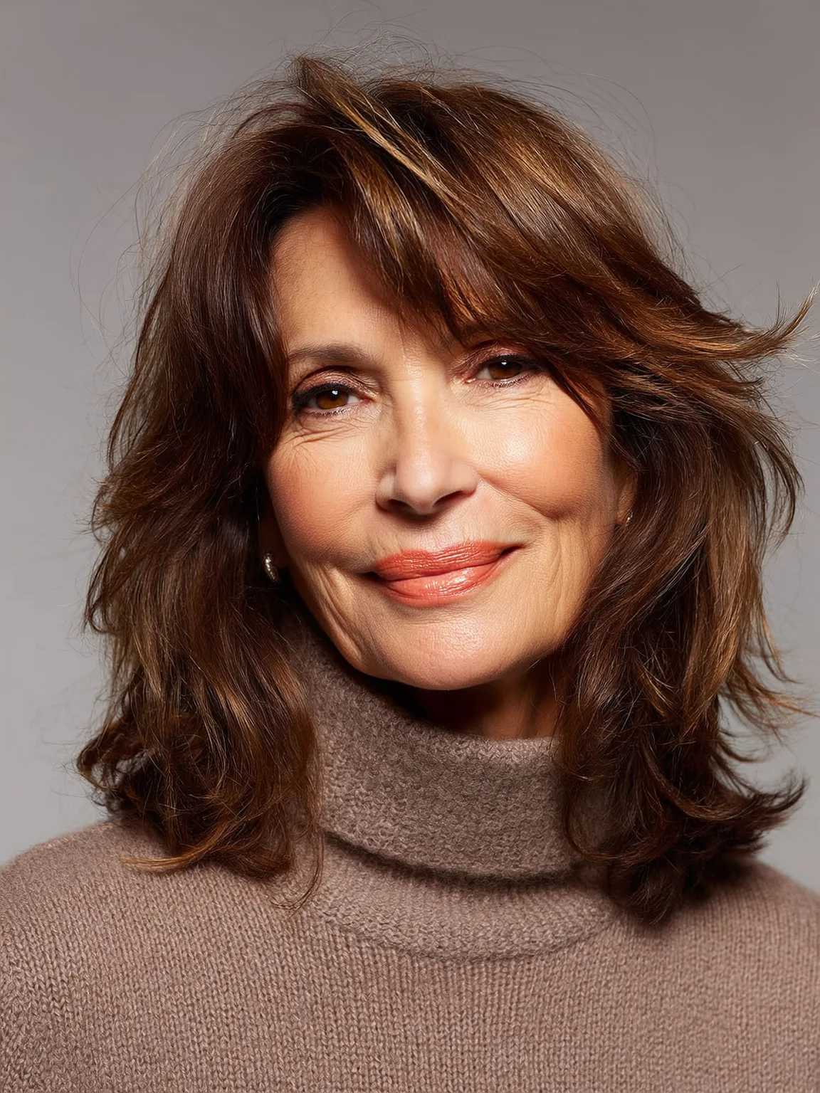 Layered Shag with Side-Swept Bangs in Warm Caramel Chestnut